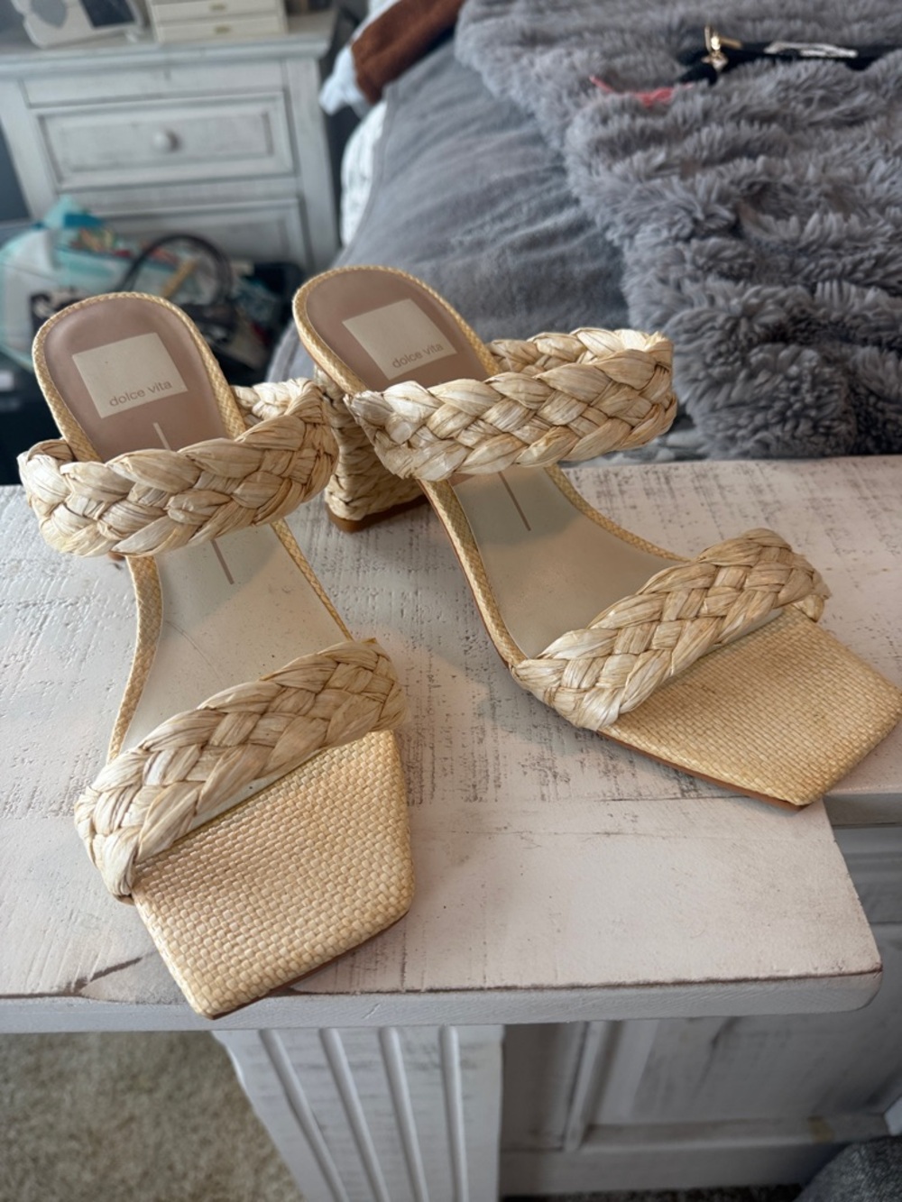 Dolce Vita Natural Braided Straw Block Heel Sandals
